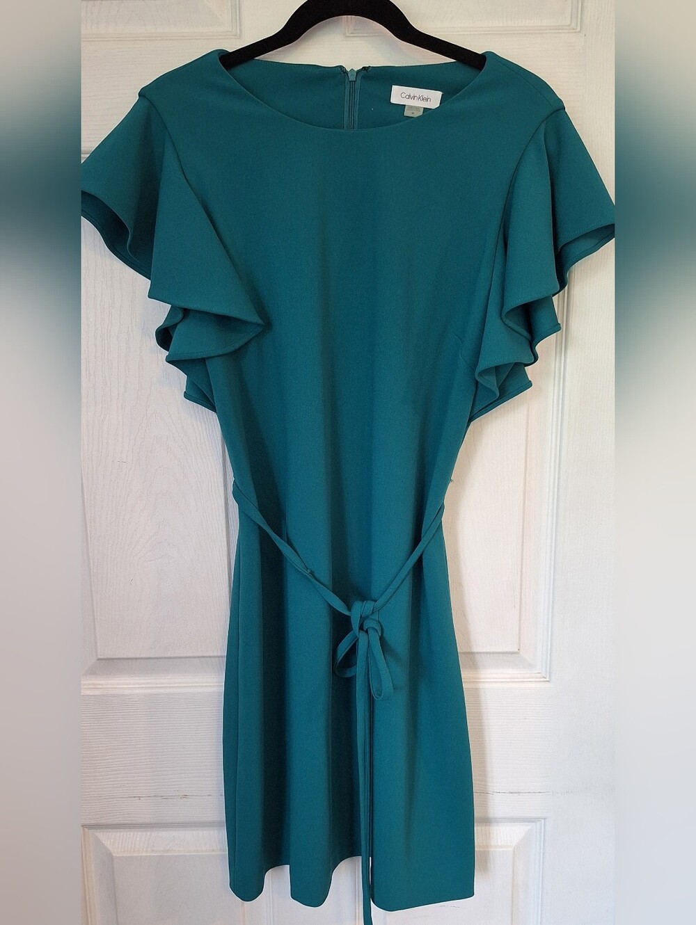 Calvin Klein Teal Flutter Sleeve Tie Waist Dress Size 14